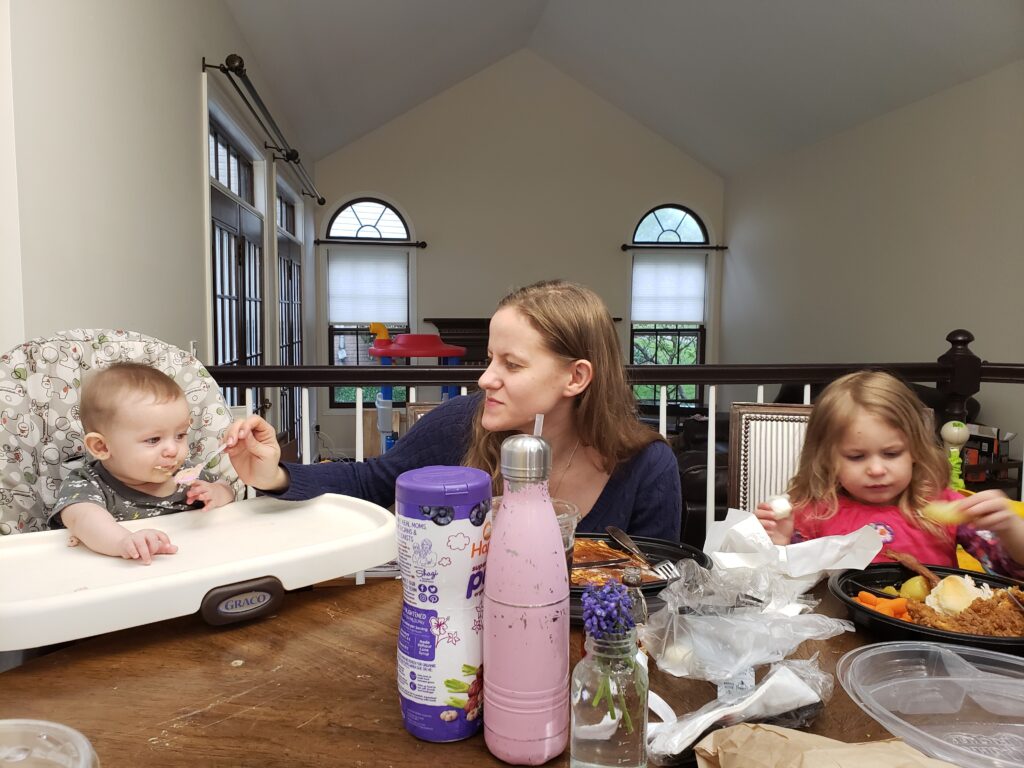 Amanda Roberts, Avid Core Partner and Chief Marketing Strategist, eating lunch with her children Miles (right) and Ava (left)