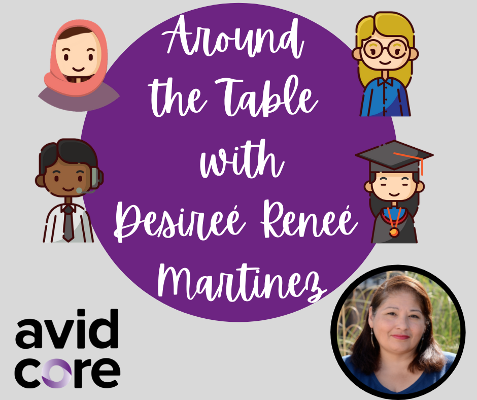 Purple circular infographic that reads: "Around the table with Desiree Renee Martinez" with Desiree's headshot in the bottom right; various cartoons with diverse representation surround the purple circle