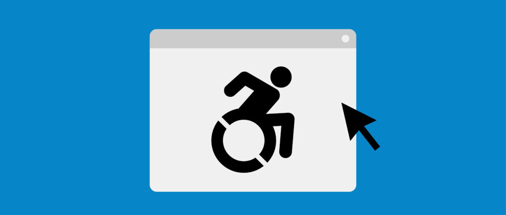 A website popup window showing an icon of a person using a wheelchair. A mouse cursor is pointed at the popup window. The image has a light blue background.