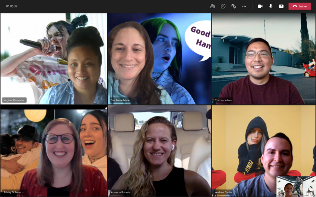 Screenshot of the Avid Core team smiling during a virtual meeting, all with different Billie Eilish photos as their backgrounds. 