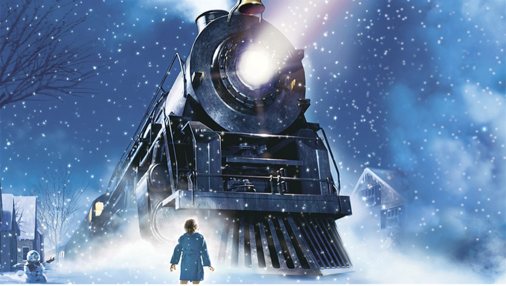 Image from the Polar Express film. A small boy stands outside in the snow in a blue trench coat. A massive black train with bright lights on stands in front of the boy.