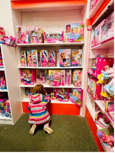 (Alt text: A picture of a child kneeling in front of a bookshelf. The child is wearing a striped rainbow jacket and is in front of a white bookshelf filled with dolls.) 
 