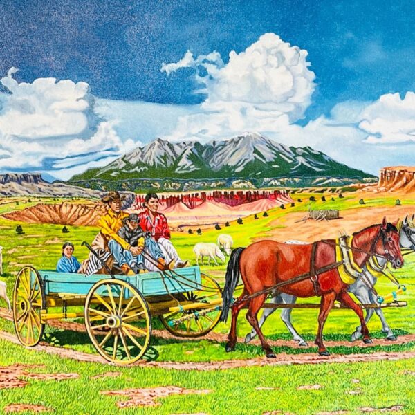 A colorful painting featuring Humphreys Peak and a Diné homestead.
