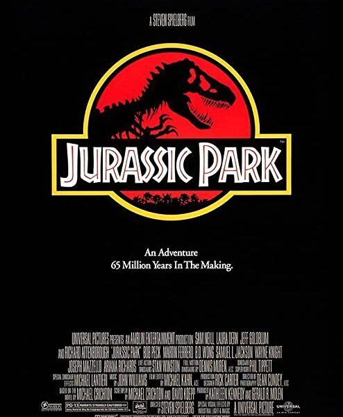 A Tyrannosaurus rex skeleton's shadow is positioned right over the words: Jurassic Park. Below reads, An Adventure 65 Million Years in The Making.