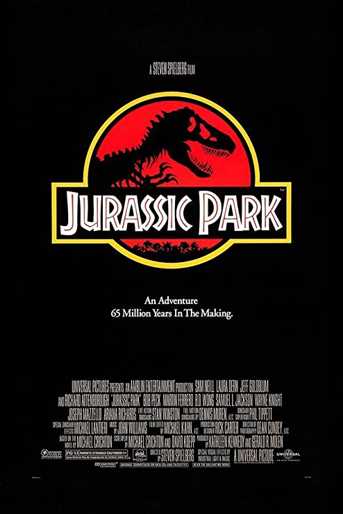 A Tyrannosaurus rex skeleton's shadow is positioned right over the words: Jurassic Park. Below reads, An Adventure 65 Million Years in The Making. 