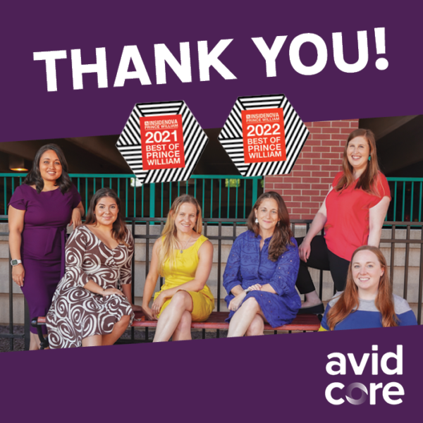 Six members of the Avid Core team pose for a photo, which is placed in front of a purple background. The words, “Thank You!” are written in large white text on the top, with two photos of the 2021 Best of Prince William and the 2022 Best of Prince William awards below. The Avid Core logo is at the bottom right of the image.