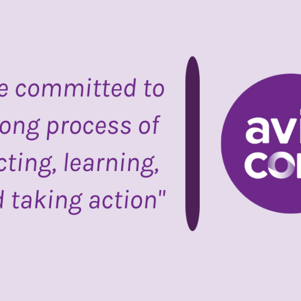 The quote "We're committed to the lifelong process of reflecting, learning, and taking action" is spelled out in purple text to the left of the circular Avid Core logo.