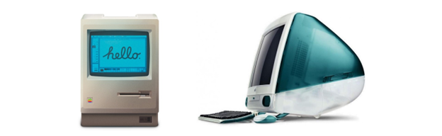 At the left, an old computer with a 9 inch display is displaying the word hello on its screen. To the right, an old iMac in green is facing to the side. 