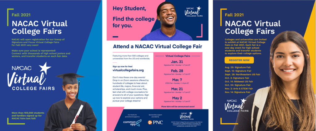 2021 Virtual College Fairs posters and ads featuring smiling students