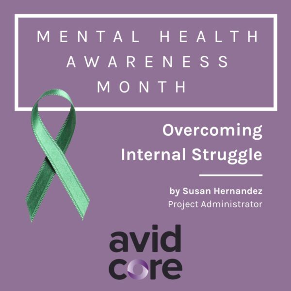 A collage spotlighting Mental Health Awareness Month, the name of the article, and the author byline, with an image of a green ribbon.