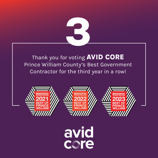 A purple and red graphic with three Best of Prince William awards, Avid Core logo, the number 3, and text, “Thank you for voting AVID CORE Prince William County’s Best Government Contractor for the third year in a row!”