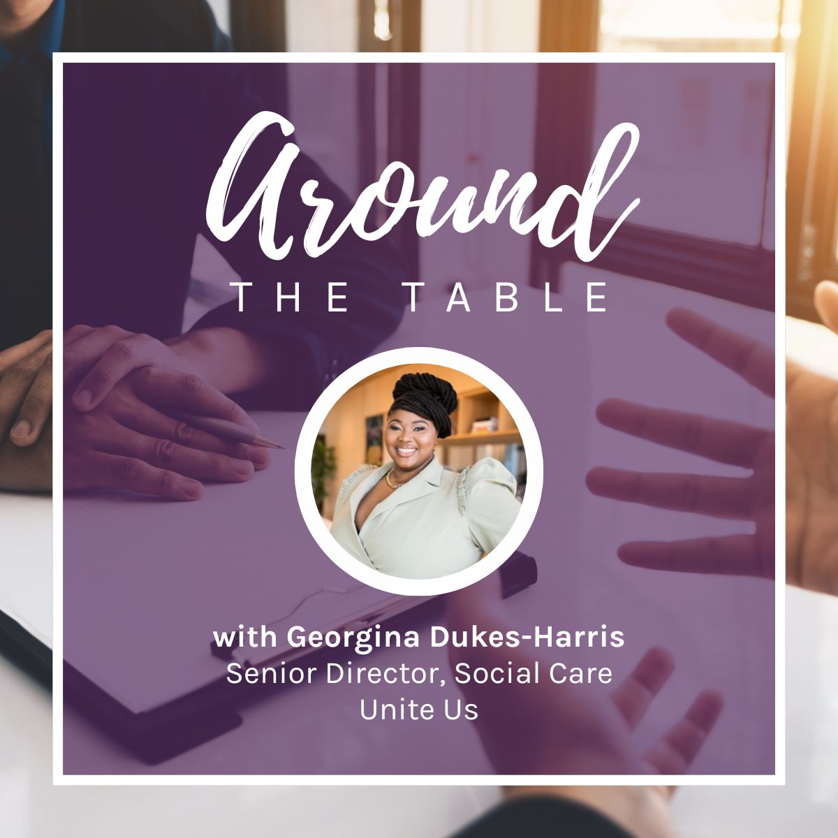 Georgina's headshot, superimposed over a designed background featuring two people sitting at a table.