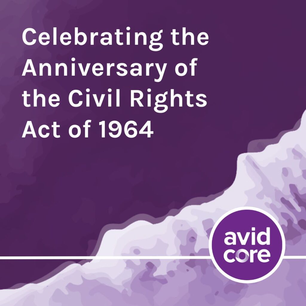 A purple graphic with large white text that reads Celebrating the Anniversary of the Civil Rights Act of 1964.