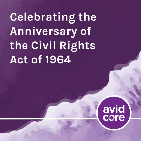 A purple graphic with large white text that reads Celebrating the Anniversary of the Civil Rights Act of 1964.