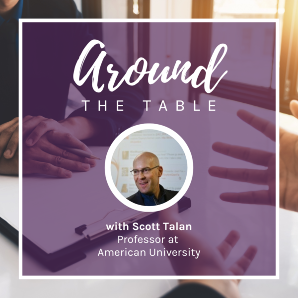 Scott Talan's headshot, superimposed over a designed background featuring two people sitting at a table.