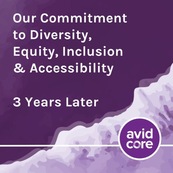 A purple graphic featuring the circular Avid Core logo and text saying Our Commitment to Diversity, Equity, Inclusion and Accessibility, 3 Years Later.