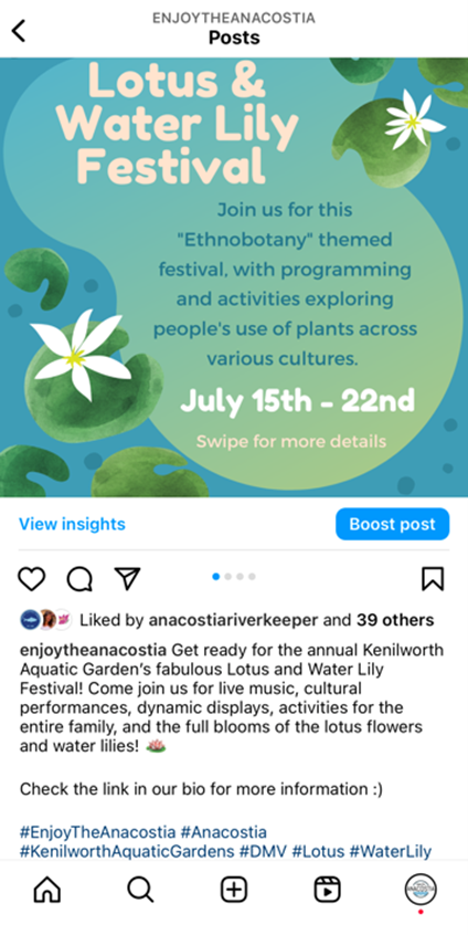 A social media post highlighting the Lotus and Water Lily Festival in the Anacostia watershed region, using cool colors and water lily graphics.