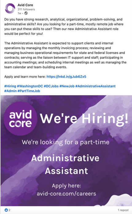 A social media post announcing an open Administrative Assistant position with Avid Core, styled with the company's purple and white abstract design.