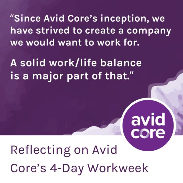 A purple graphic featuring the Avid Core logo and a quote from the blog post, explaining the importance of a solid work-life balance.