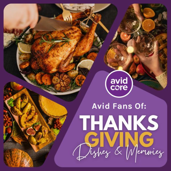 A collage of various Thanksgiving dishes, with text over a purple graphic that reads Avid Fans Of Thanksgiving Dishes and Memories.