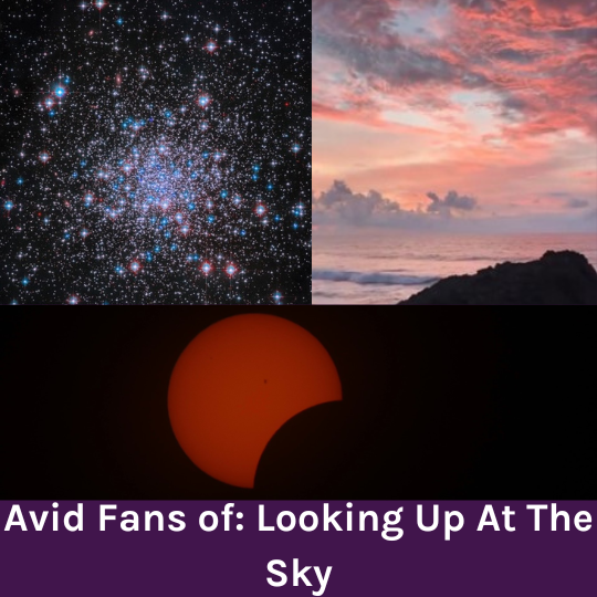 A collage of sky photographs, showing, clockwise, a cluster of stars, a pink sunset, and a partial solar eclipse.