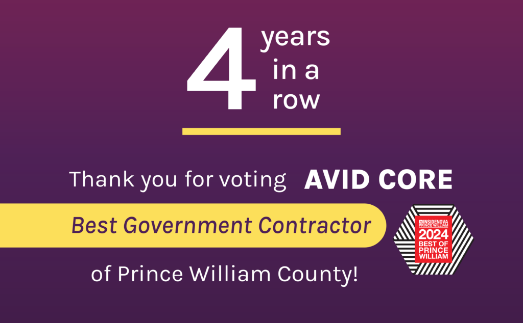 4 years in a row. Thank you for voting Avid Core Best Government Contractor of Prince William County. Text over purple background with logo of Inside Nova's 2024 Best of Prince William.