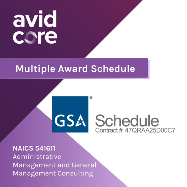 A purple and white graphic highlighting Avid Core's placement on the GSA Schedule.